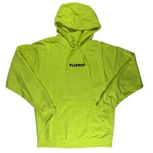 Playboy Hoodie Men’s Medium Neon Yellow Embroidered Logo Pullover Sweatshirt